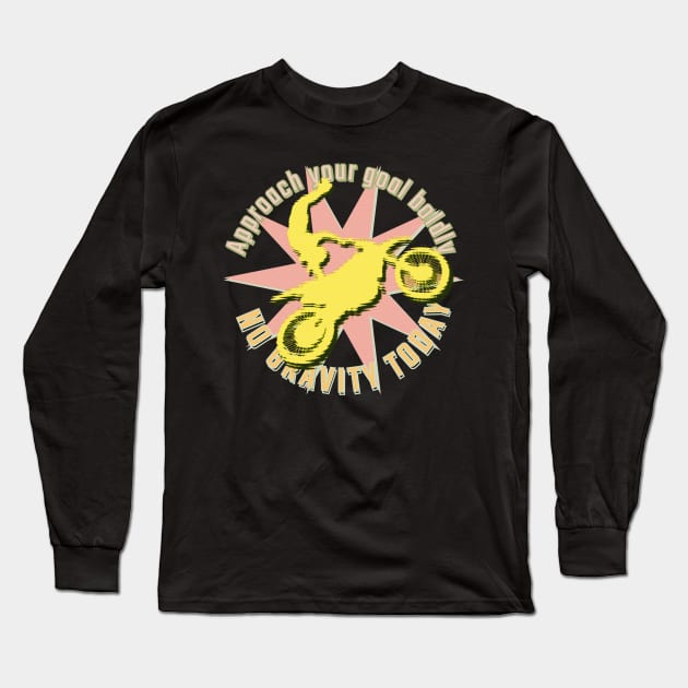 Approach your goal boldly. No gravity today. Yellow motorcyclist in jump position on a motocross bike against a light pink star background Long Sleeve T-Shirt by PopArtyParty